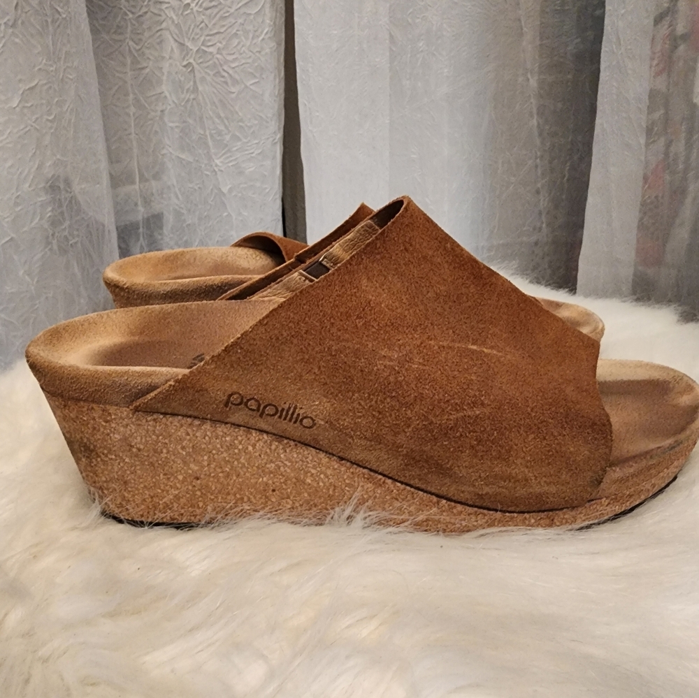 Papillio Women's Tan Suede Wedge Sandals Wide Width